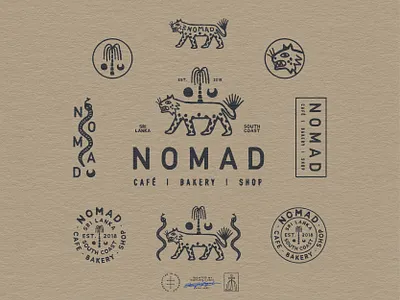 Nomad Cafe & Bakery Logo System animal badge bakery beach brand design brand identity branding branding design cafe cat doodle hand drawn illustration logo logo design snake surf surfing vintage visual identity