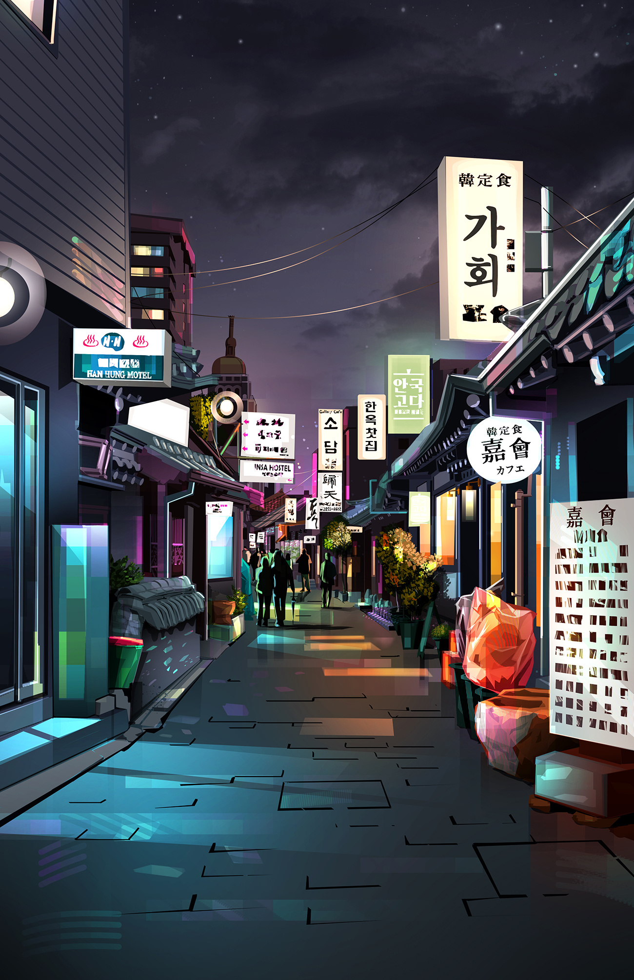 Roaming around - streets of Seoul city colourful illustration lights print seoul southkorea