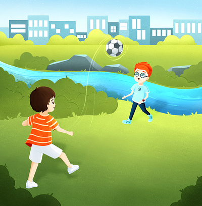Playing with a friend bright child childrens book cute football friend illustration kids photoshop playfull
