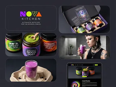 NOVA KITCHEN | Cyberpunk Supplement Branding by Up-Brands™ alchemical nutrition cyborg brand identity brutalist concrete photography cosmic energy moon dust cyberpunk supplement brand dark mode web ui layout design experience design fluid gradient label luxury branding modern luxury neon green violet amber jar next gen superfood design nootropics nova kitchen packaging design pulp molded packaging tray retail design up brands studio visual identity
