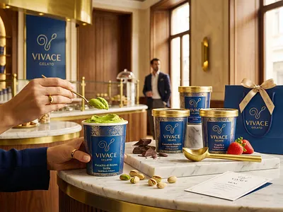 VIVACE | Haute Italian Baroque Gelato Branding by Up-Brands™ artisanal dessert menu design baroque dessert brand boutique shopping bag ribbon brand identity experience design gold gelato scoop haute high end ice cream icecream luxury branding luxury food identity milanese marble retail modern luxury packaging design premium italian gelato retail design royal blue gold packaging up brands studio visual identity vivace gelato