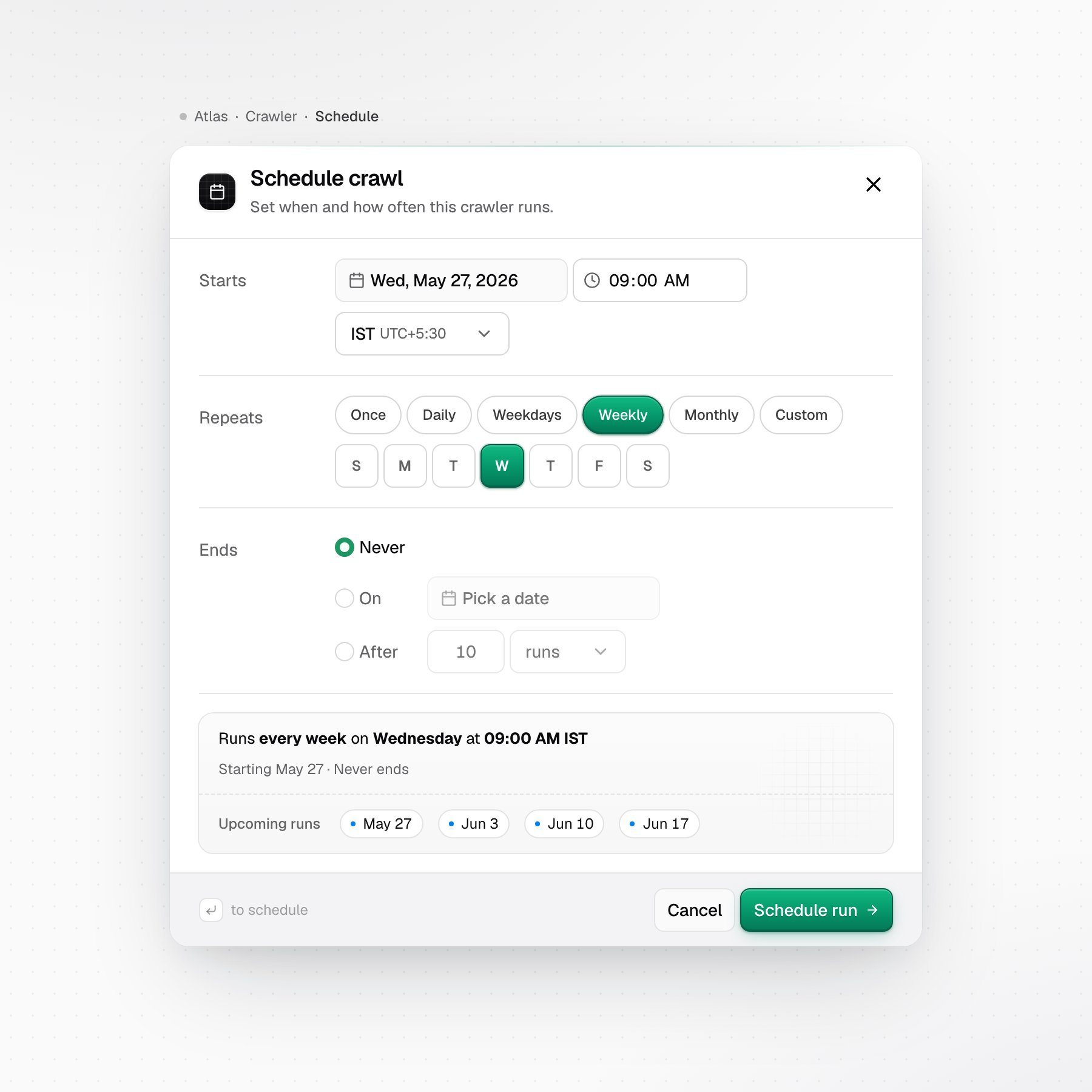 Atlas · Schedule crawl UI | Light atlas date picker form design form flow interaction design modal product design saas saas ui scheduling time picker ui ui design ui pattern user interface ux web crawler