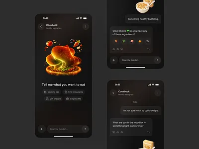 AI Cooking Assistant Mobile App UI Design ai app app design chat interface conversation ui cooking dark mode figma design food app food delivery futuristic ui glassmorphism healthy eating ios app mobile app mobile ui modern interface recipe app startup app ui design ux design