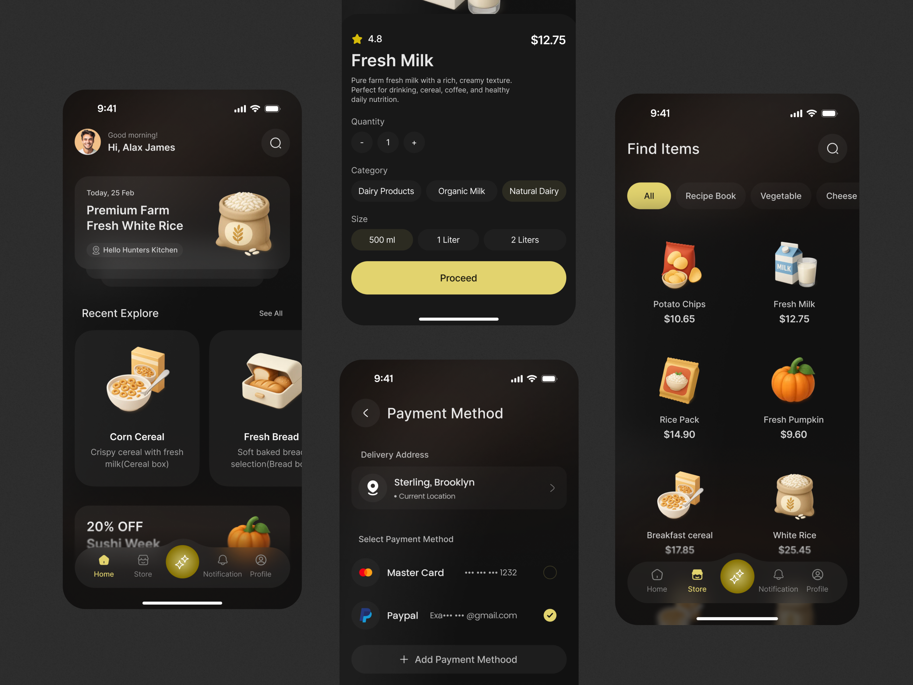 Dark Grocery Shopping Mobile App UI Design
