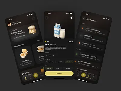 Dark Ecommerce Grocery App UI Concept app design dark mode dashboard ui design inspiration ecommerce app figma design food app food delivery grocery app ios design minimal ui mobile app mobile ui modern interface notification ui product page shopping app startup app ui design ux design