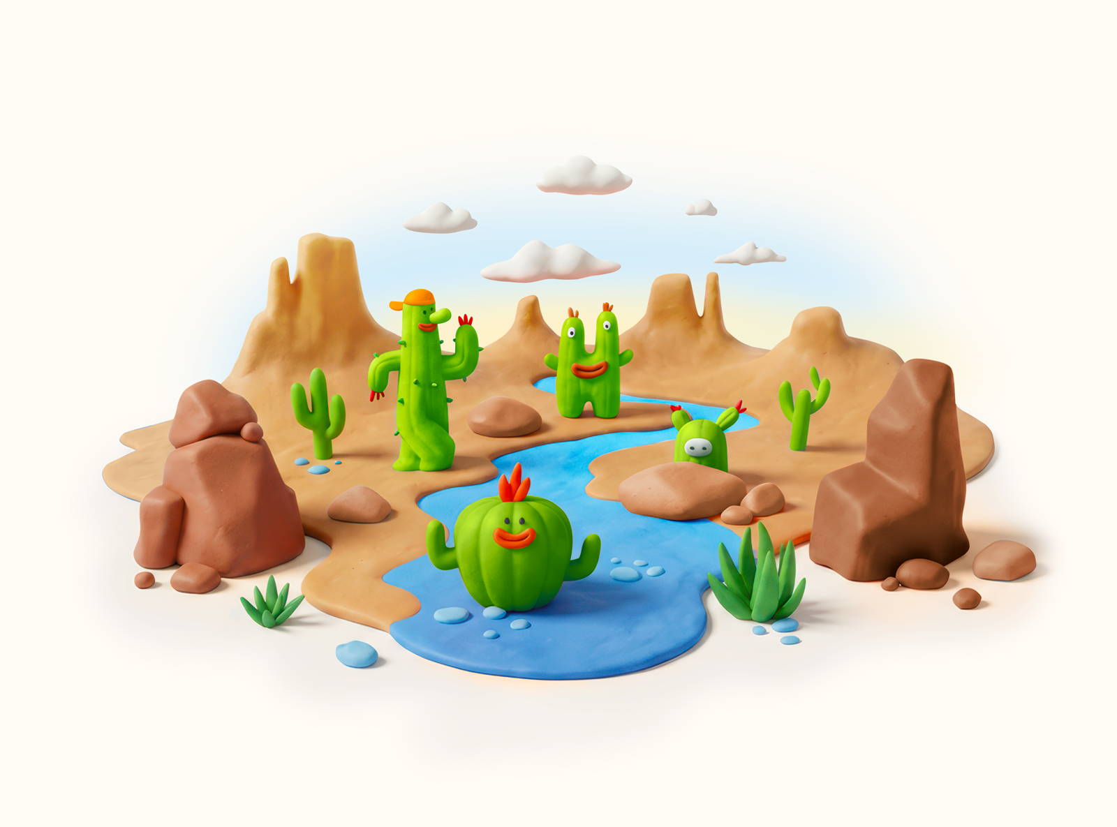 Prickle Pickle Beach 3d illustration cactus character design clay craft creation creek desert friends fun inspiration journey landscape magic world mountains stones wild west