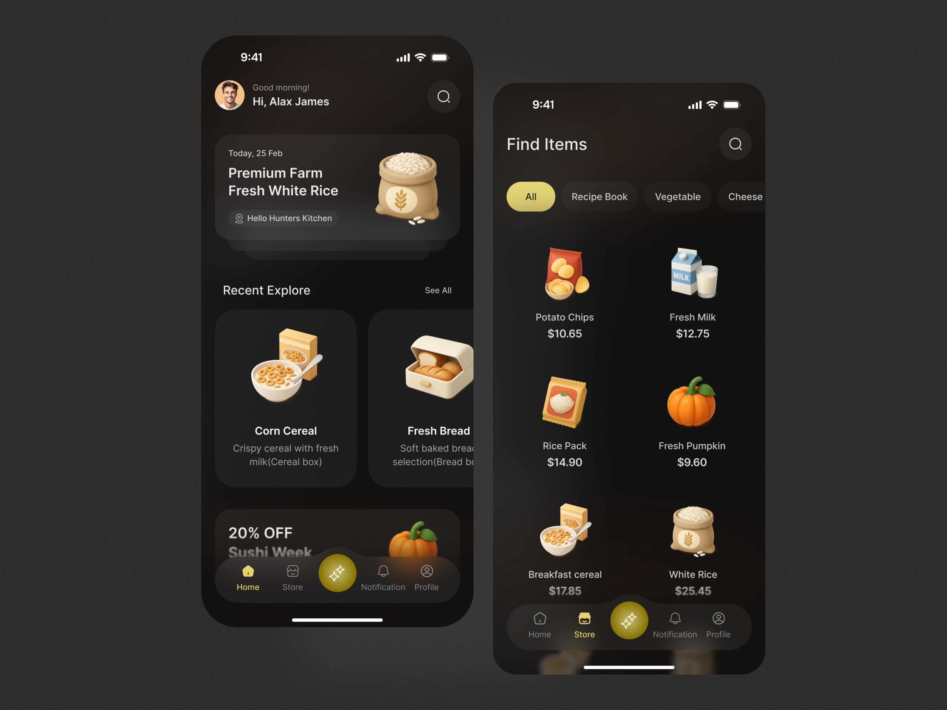 Dark Grocery Ecommerce Mobile App UI