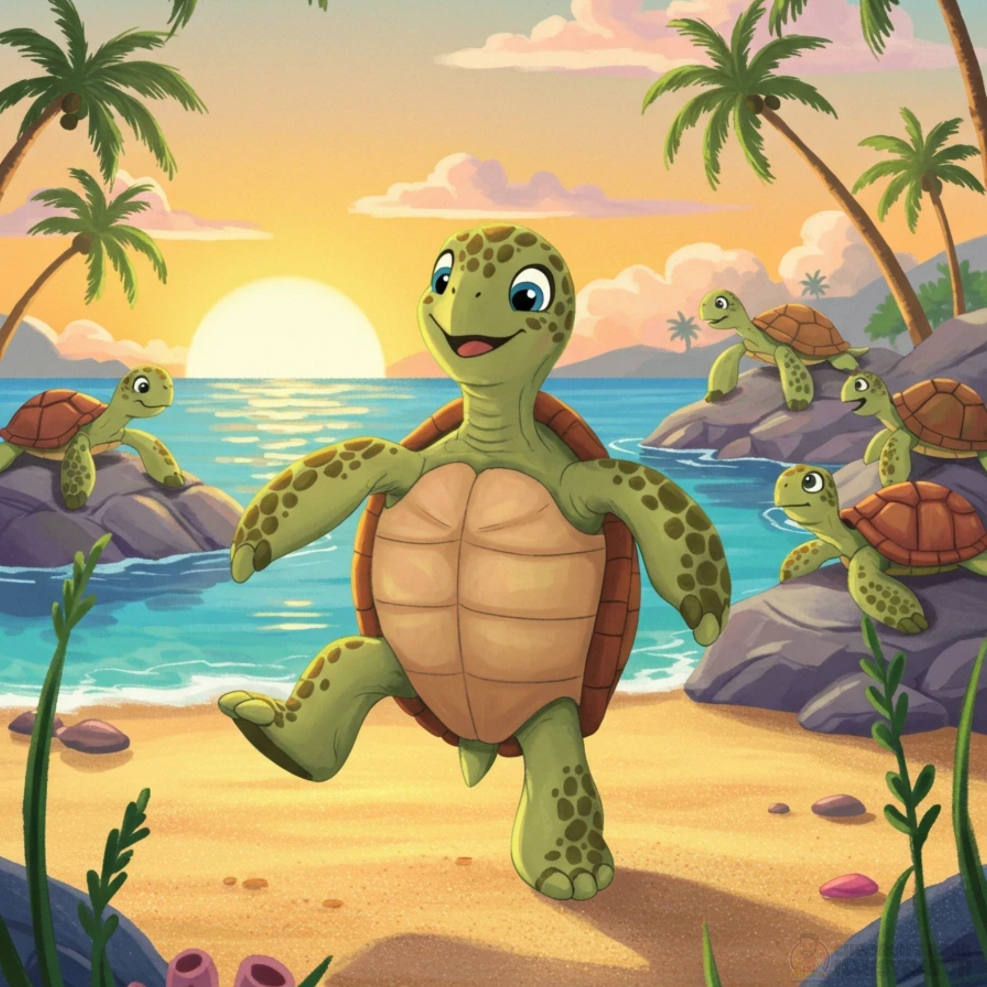 Sunset Shore Adventures - Children's Book Illustration beach illustration book design character design children book artist children book illustration children publishing digital art illustration for kids kidlitart kids illustration ocean adventure picture book sea turtle storytelling sunset scene tropical landscape vector illustration whimsical illustration