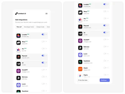Add integrations — Untitled UI integrations onboarding product design settings sign up ui design user flow