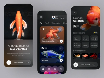 Aquarium Fishes App UI Concept app design app ui aquarium aquatic cart dark app ecommerce fish fish bowl fish tank marketplace mobile design online shop sea shop shop app shopping app store app trade uiux