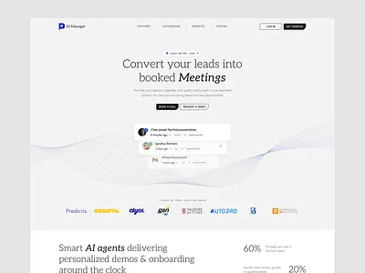 AI Manager — Lead Management SaaS Landing Page agentic landing page ai ai agent website artificial intelligence b2b b2b product design clean landing page lead management platform saas crm landing page saas landing page sales trending ui ui design ux web web design website