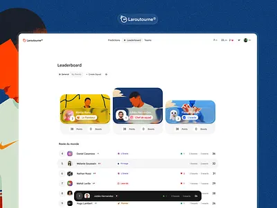 LaRouTourne ⚽ clean dashboard football illustration laroutourne leaderboard minimal prediction productdesign ranking saas sportstech squad table teams ui uxdesign worldcup