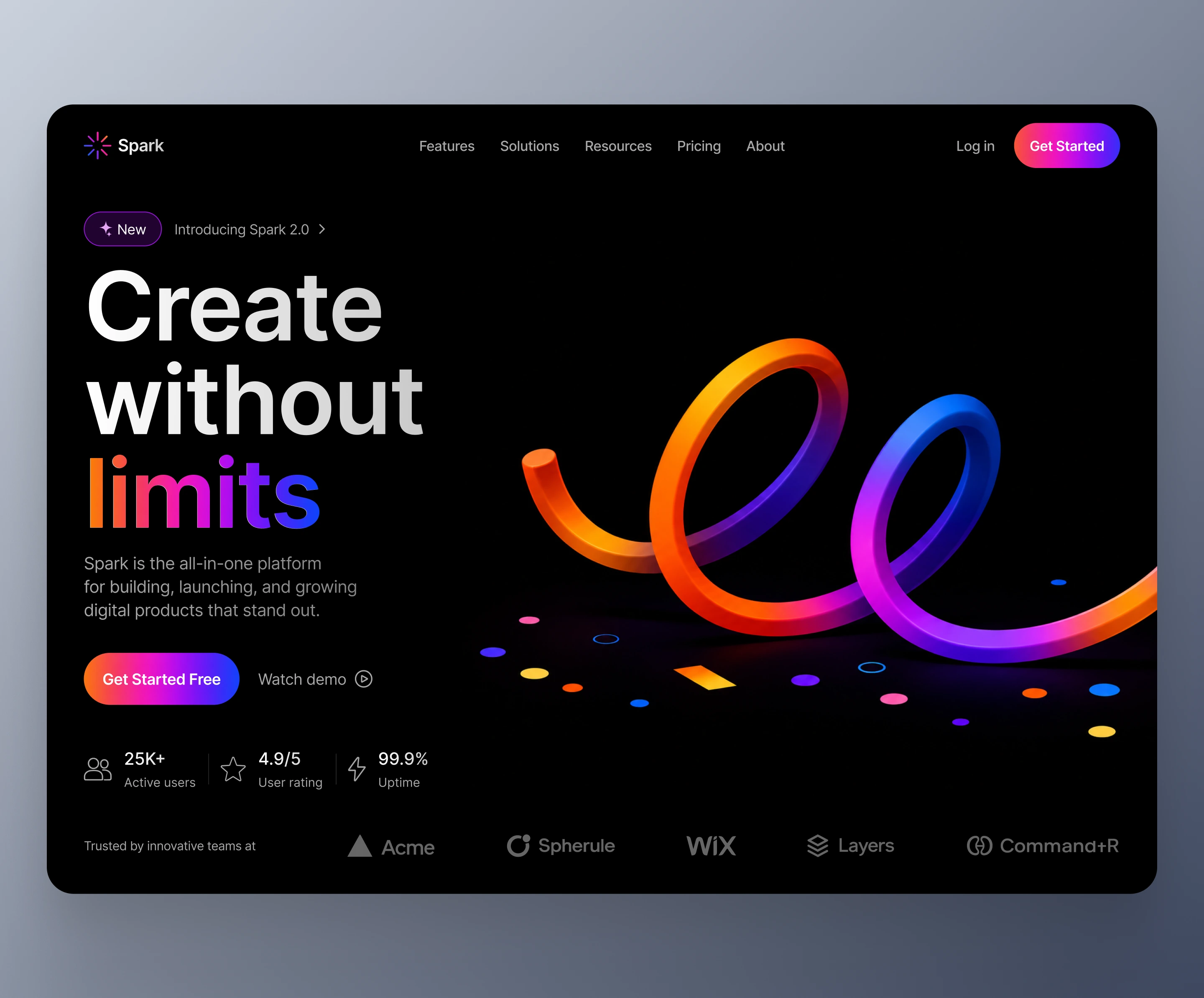 Spark – Creative Platform Hero Section 3d ai black blue branding clean creative darkmode gradient hero illustration landing logo minimalist pink saas software studio ui ux
