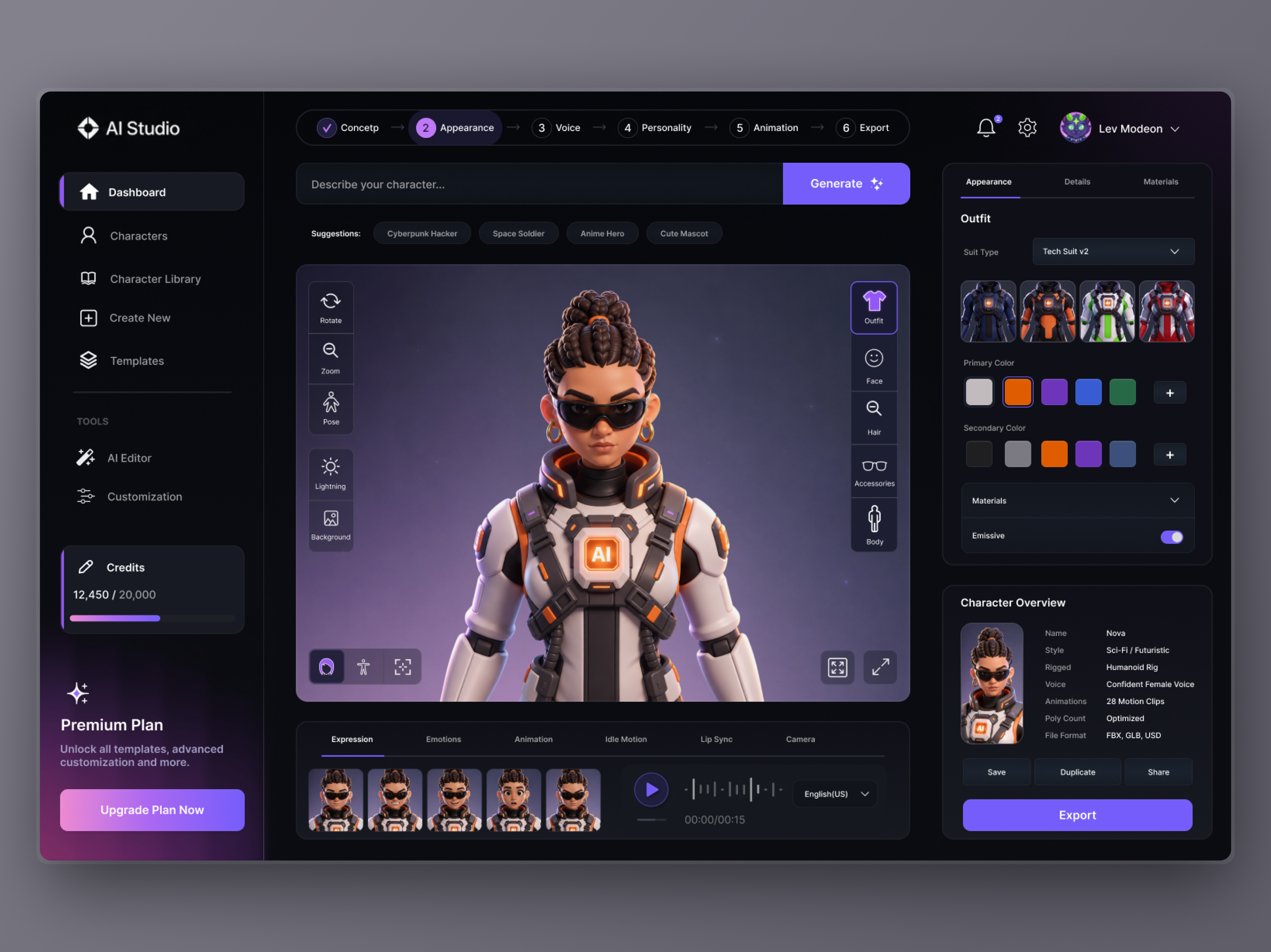 AI Character Creator — SaaS Dashboard ai app ai design ai editor ai interface ai platform ai tools app design avatar generator character creator creator platform dark ui dashboard dashboard design dashboard ui product design product ui saas saas dashboard ui design ui ux
