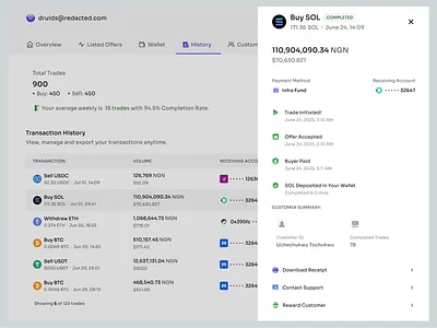 P2P Merchant History Details blockchain crypto dashboard fintech p2p ui web3
