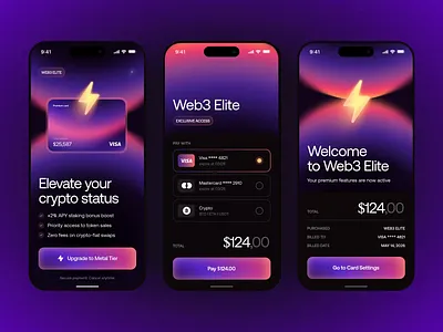 Web3 Elite Mobile Banking App — Premium Crypto Card UI Design animation app banking billing interface checkout crypto crypto wallet digital banking finance fintech fintech app mobile mobile app design mobile banking mobile checkout motion graphics payment interface payment ui premium mobile app web3