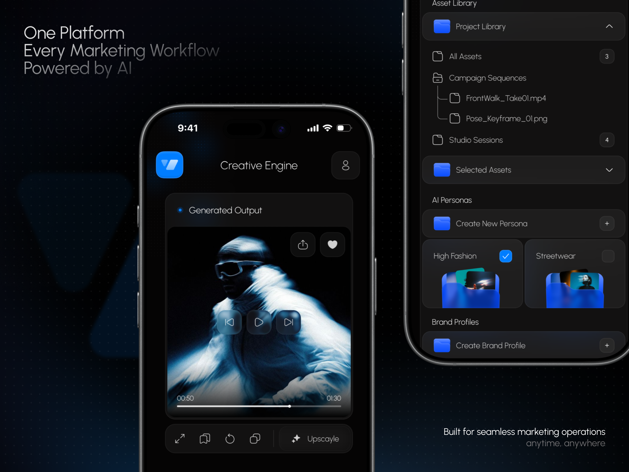 Fluxa | Mobile AI Marketing Suite & Creative Engine ai saas uiux ai video generator app b2b saas product cloud storage interface creative automation app digital asset management ui generative ai studio low code node ui media library app mobile design system software development ui