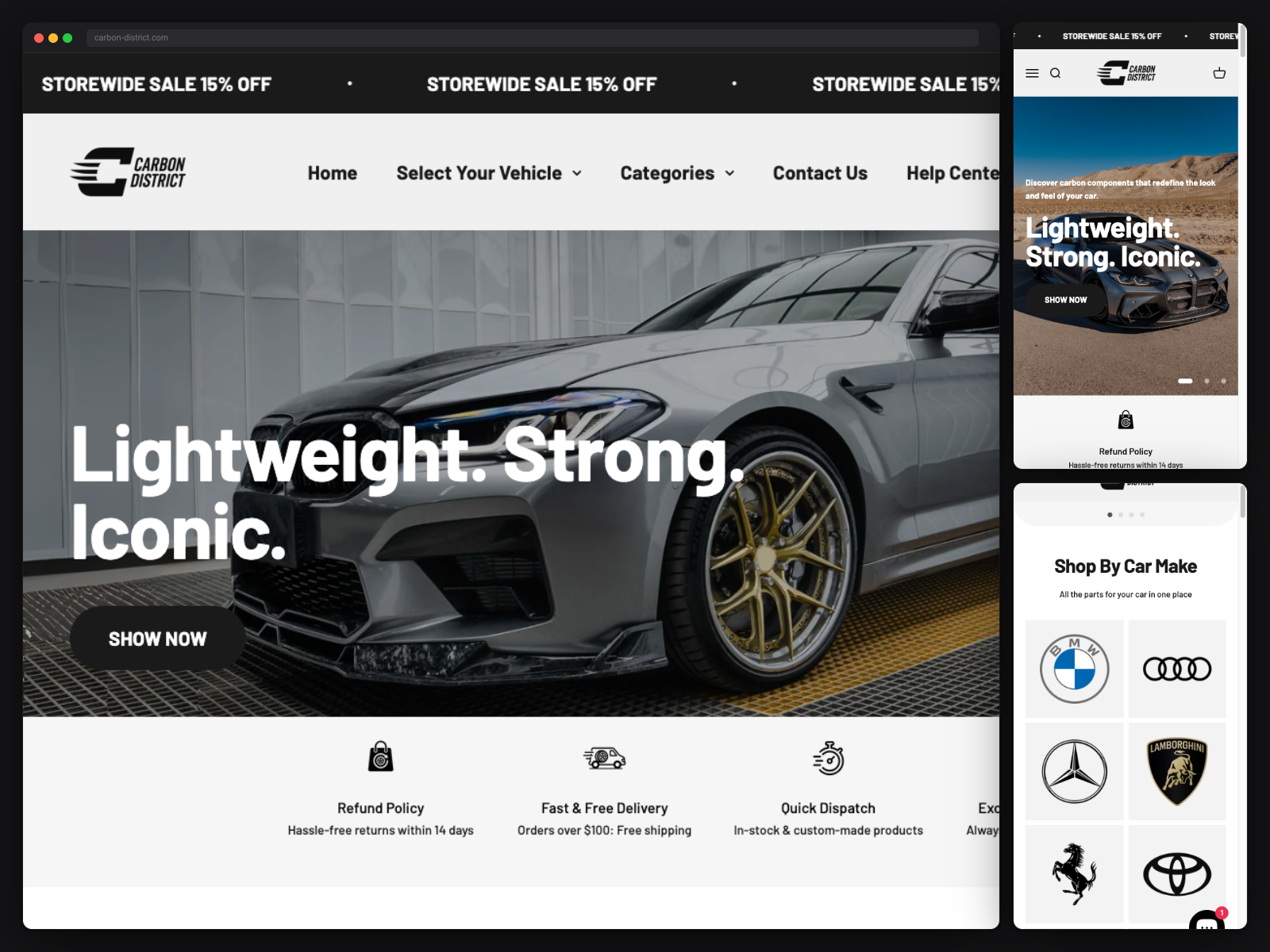 Example of Carbon District — Automotive Carbon Fiber Shopify Store Design