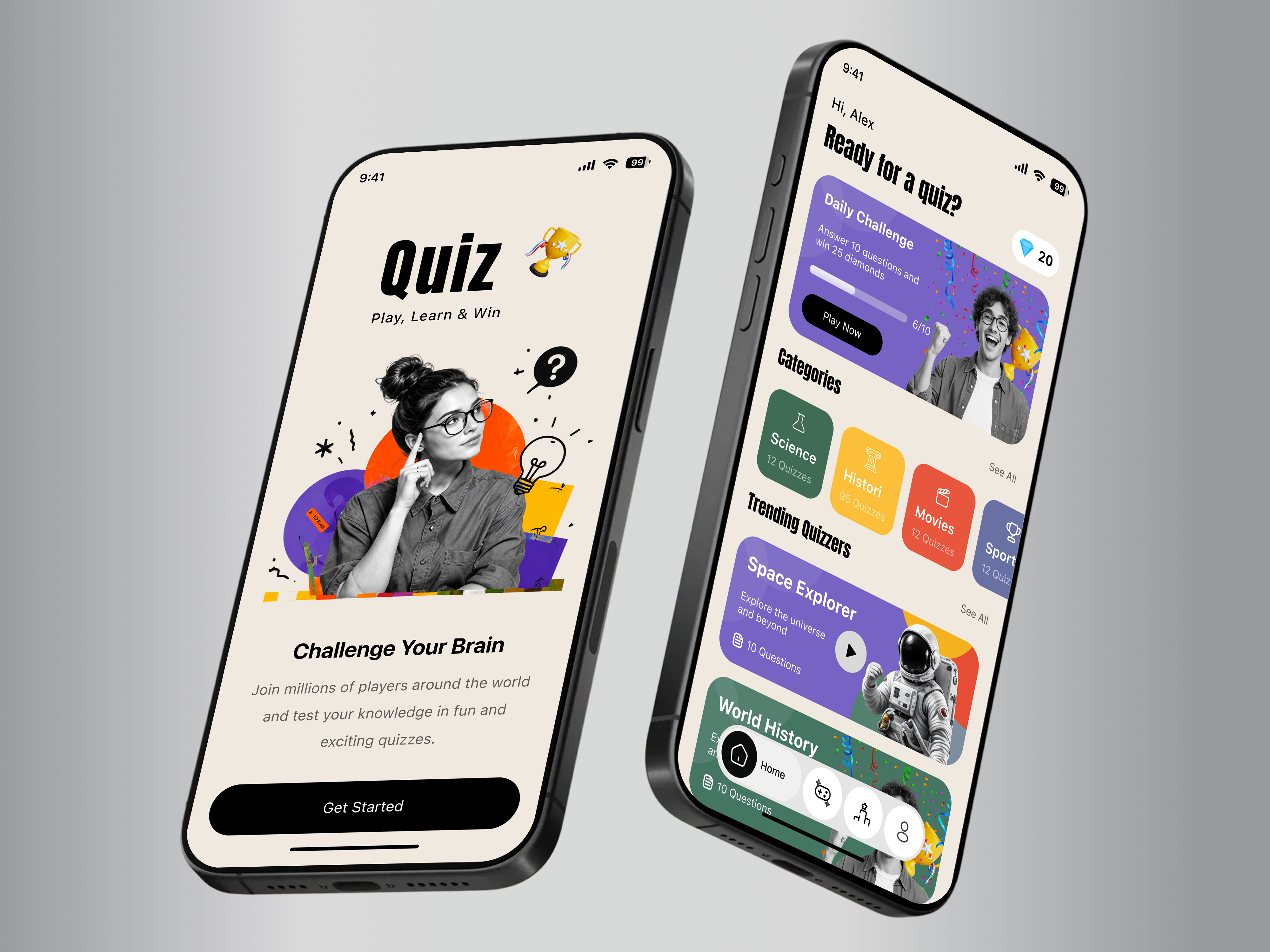 Educational Quiz & Trivia Mobile App app design clean design colorful ui daily challenge education ui fun learning gamification interactive ui knowledge app leaderboard ui learning app mobile interface mobile ui modern app quiz app quiz challenge quiz platform trivia game trivia ui ui inspiration