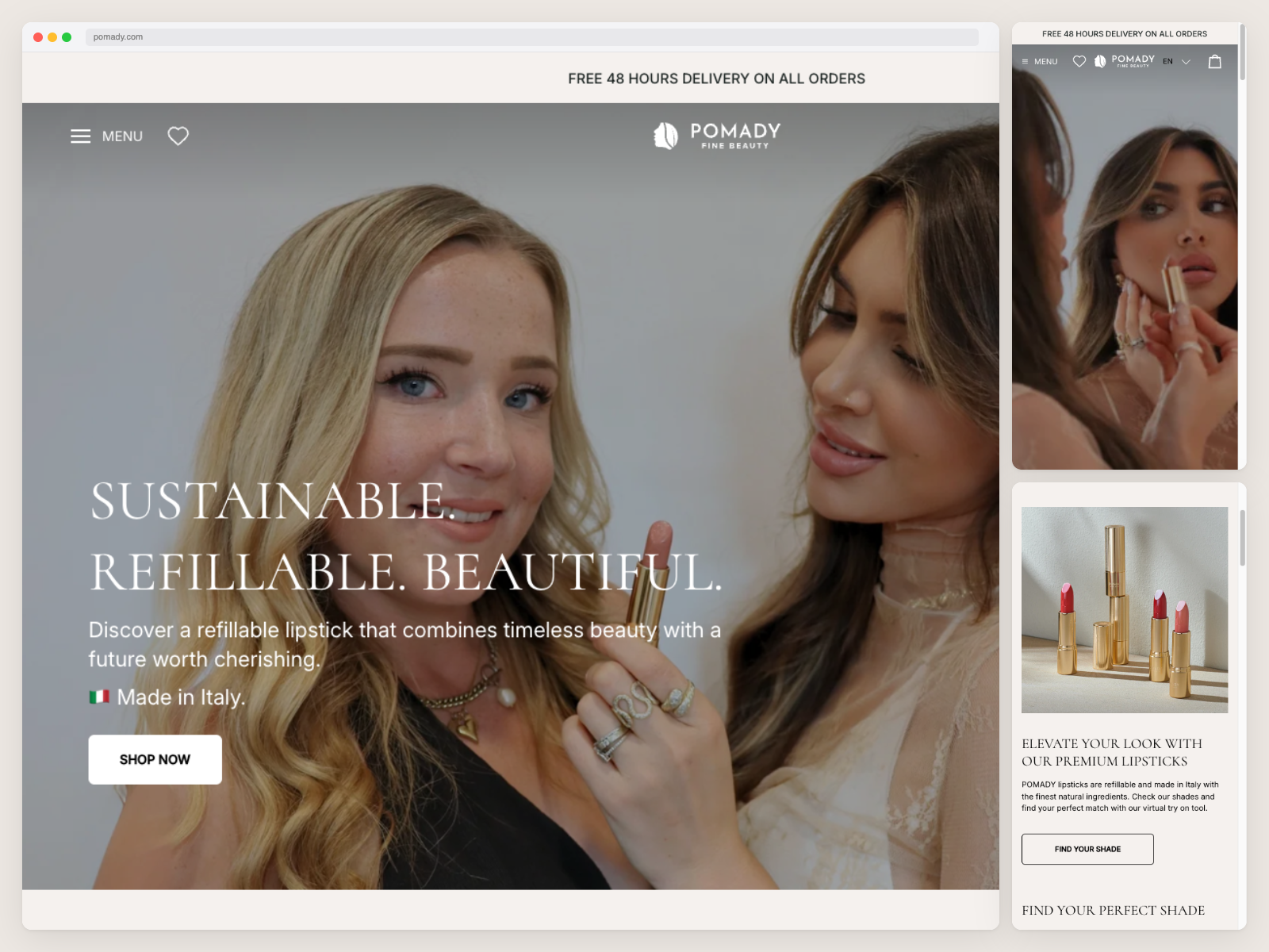 Example of Pomady — Sustainable Luxury Lipstick Shopify Store Design