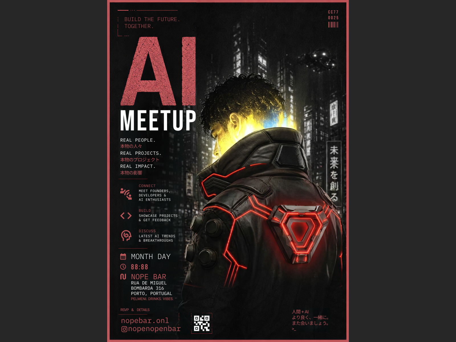 AI Meetup: Porto, Portugal Poster WIP 2 ai artificial blade runner composite cyber dog europe futurism illustration intelligence jacket lighting meetup nope porto portugal poster punk technology tron