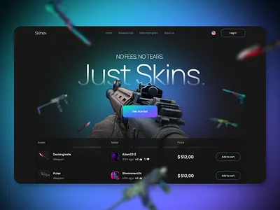 Skinex — CS2 Skins Marketplace Web & Mobile App UI Design app crypto cs go cs2 cs2 skins dashboard dashboard ui gaming gaming marketplace gaming ui inventory ui mobile app design product shooting game skins marketplace trading platform ui ux weapon skins website