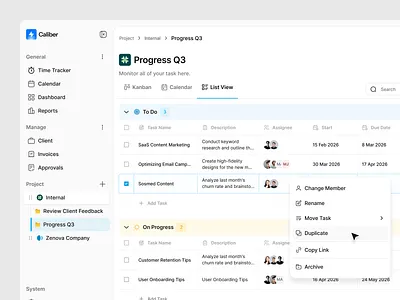 Caliber - Task Management Dashboard admin panel cansaas clean dashboard dashboard design design minimal dashboard modern ui product design productivity app project dashboard project management saas saas dashboard task dashboard task management ui ui design ux