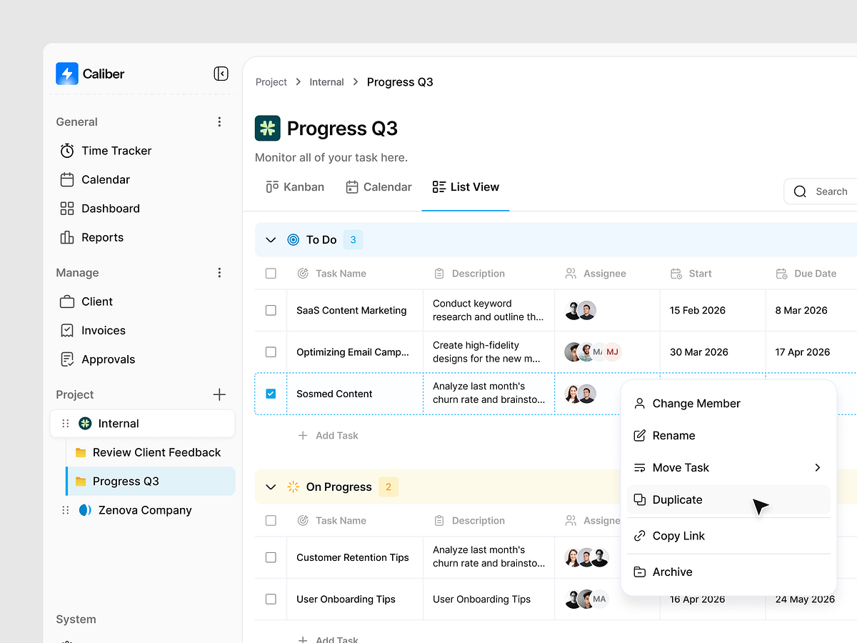 Caliber - Task Management Dashboard