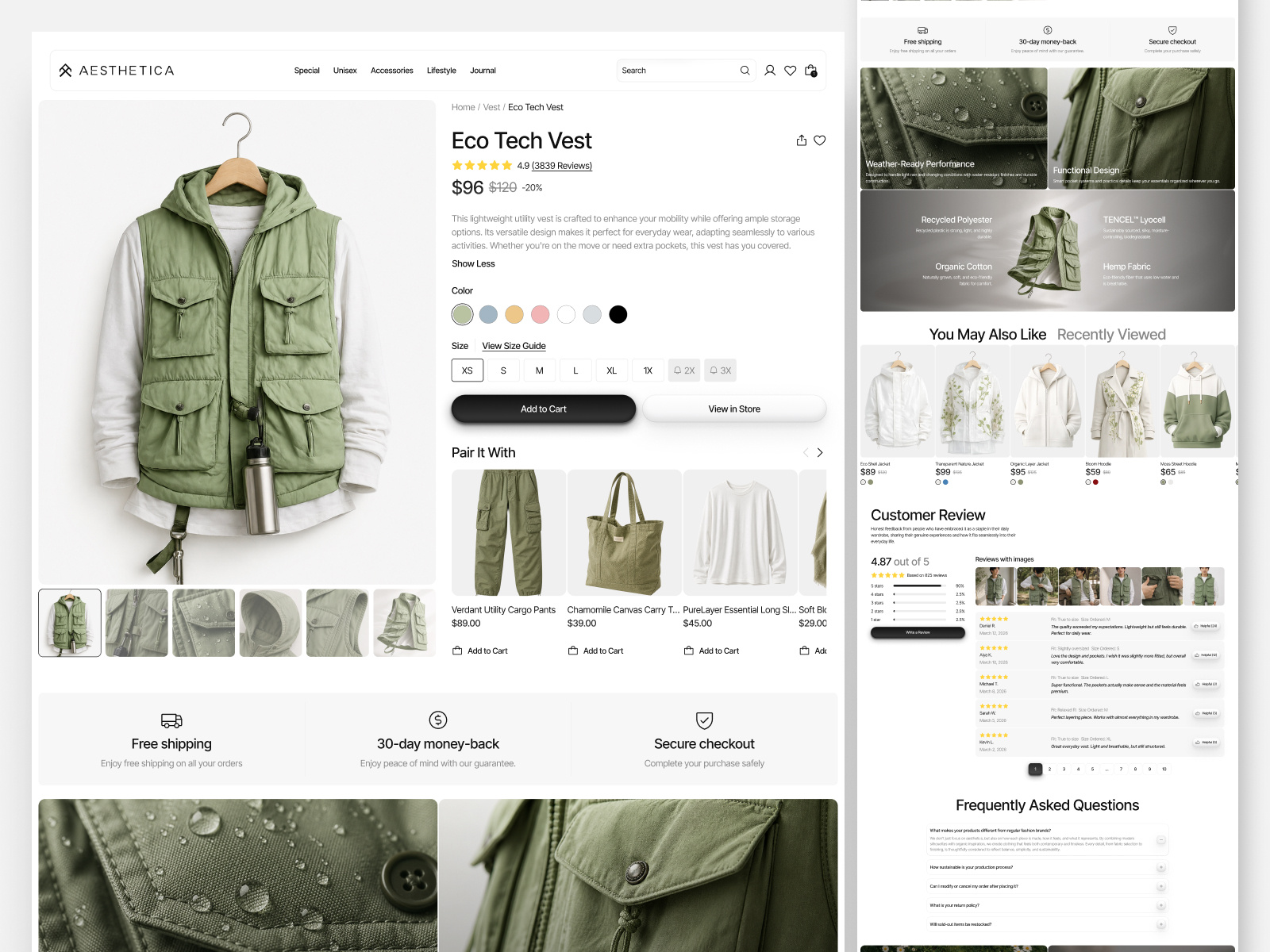 Aesthetica - Fashion E Commerce (Checkout Page & Flow) apparel website boutique website branding checkout clothing website design systems ecommerce website fashion website landing page design modern website online store design premium ecommerce product showcase responsive website shopify design shopping website ui design ux design web design website redesign