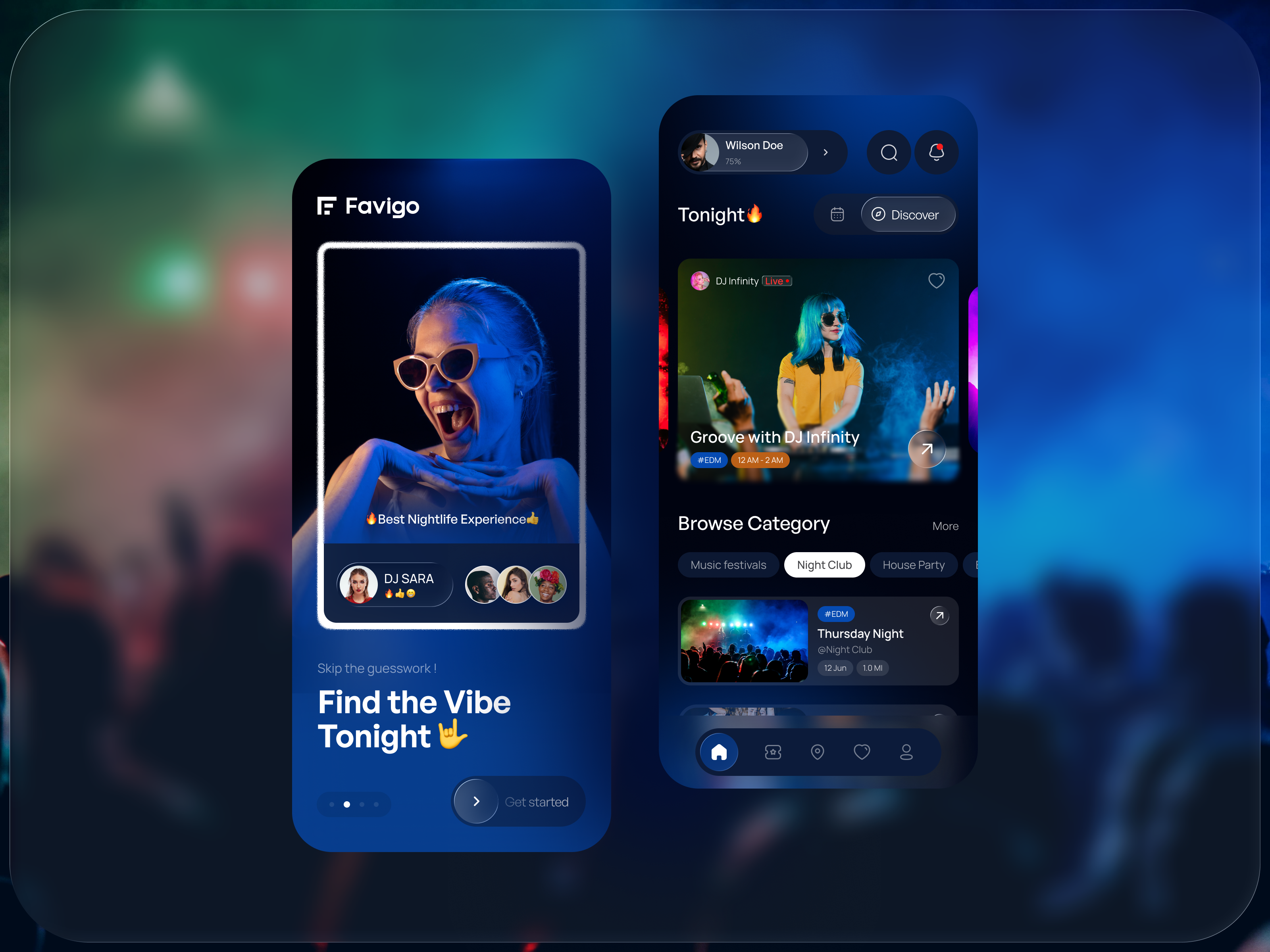 Favigo Nightlife Events App app appdesign appui barapp clubapp darkui design designconcept eventapp glasseffect logo mobile musicapp nightlifeapp ui uiuxdesign