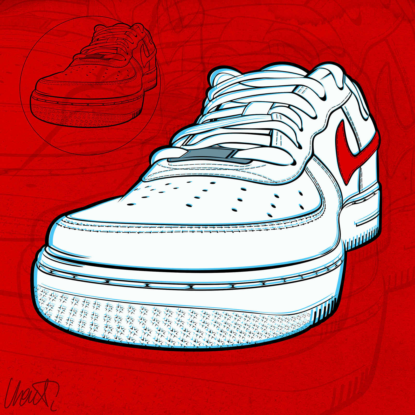 AIR FORCE 1 – RED STREET ICON air force 1 david vicente digital illustration fashion illustration footwear design graphic design line art nike air force 1 pop culture art product illustration red background retro illustration shoe illustration sneaker art sneaker culture sneaker illustration streetwear art streetwear design urban art white sneaker