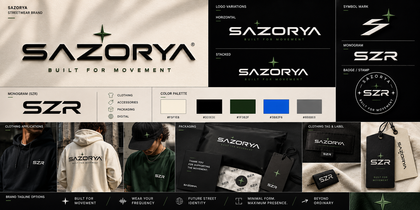 SAZORYA® — Futuristic Streetwear Brand Identity apparel branding brand identity clothing brand fashion branding fashion logo futuristic branding logo design luxury streetwear minimal logo modern streetwear monogram logo premium branding sazorya streetwear streetwear branding szr typography urban fashion visual identity y2k aesthetic