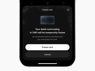 bankito® frozen card confirmation app application bank banking bottomsheet card concept credit design finance fintech freeze ios modern ui ui design ux