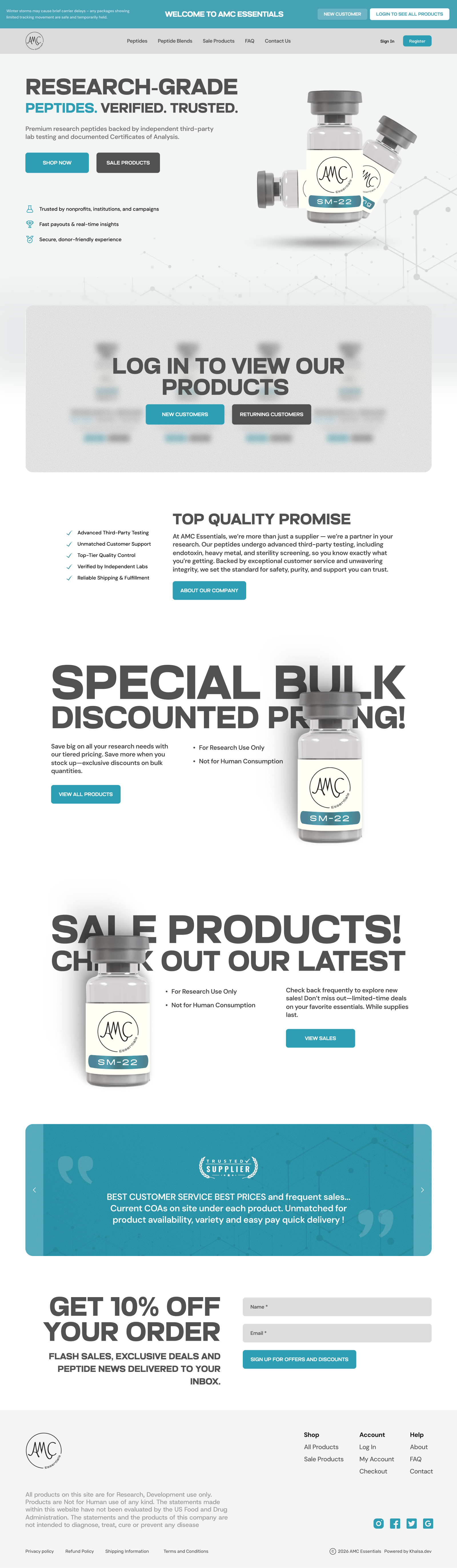 AMC Essentials — Research-Grade Peptides E-Commerce branding craxinno craxinnotechnologies figma design landingpage logo software development ui websitedesign