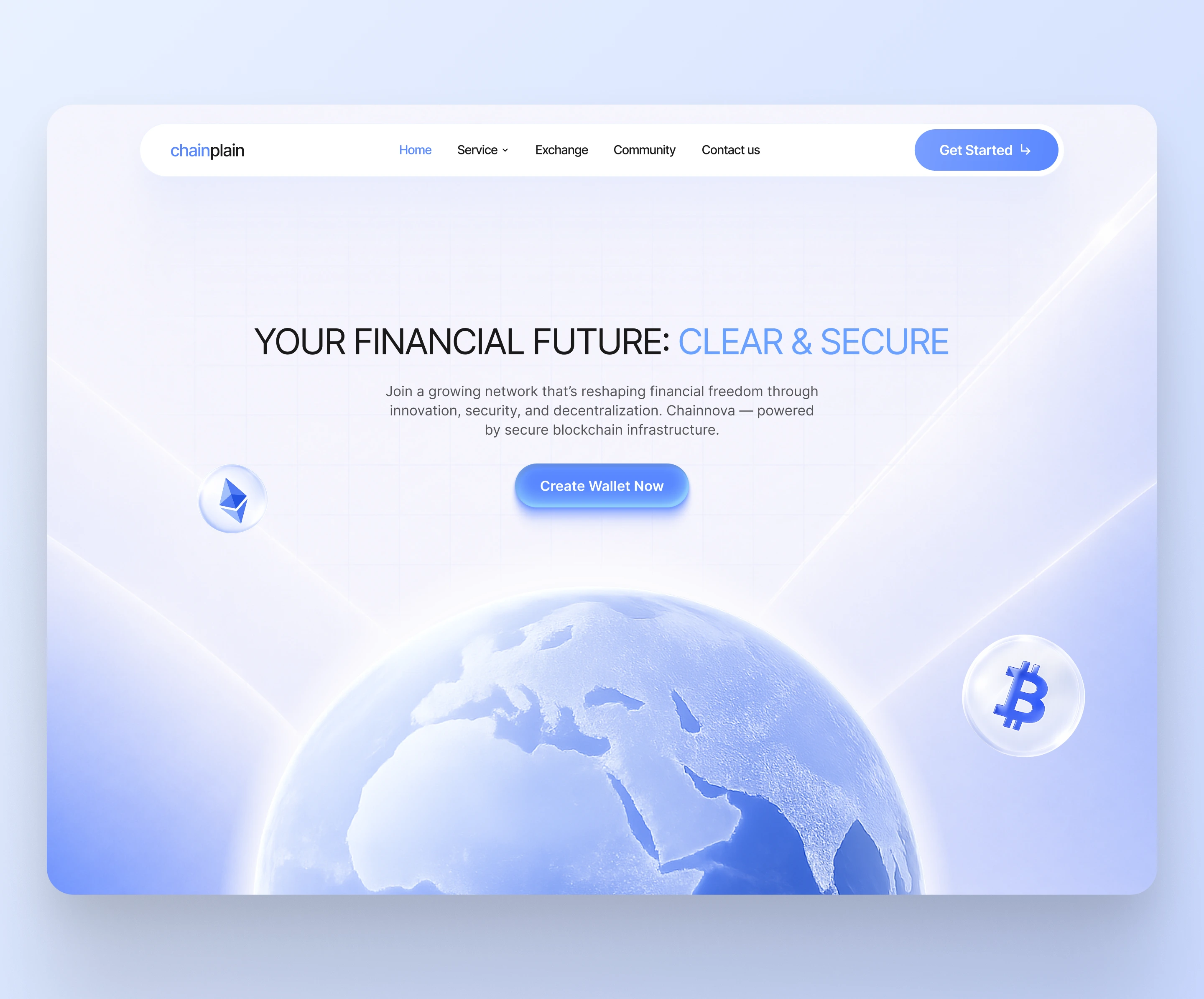 Chainplain – Web3 Wallet Landing Page ai blue branding clean crypto design finance hero landing minimalist saas ui