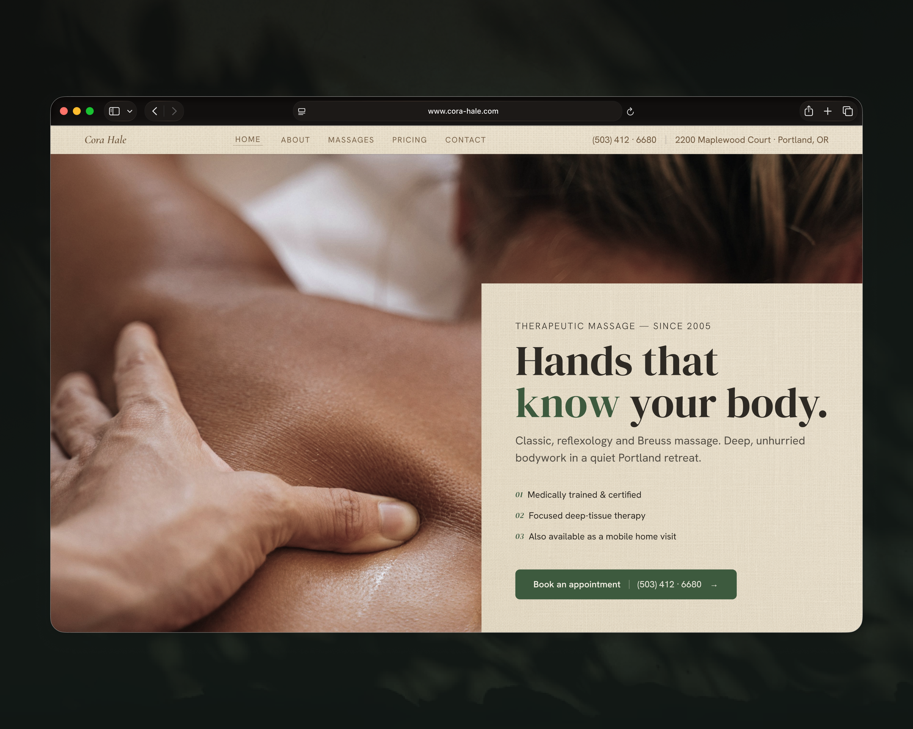 Cora Hale — a speculative redesign for a solo massage therapist figma hero section landing page redesign web design