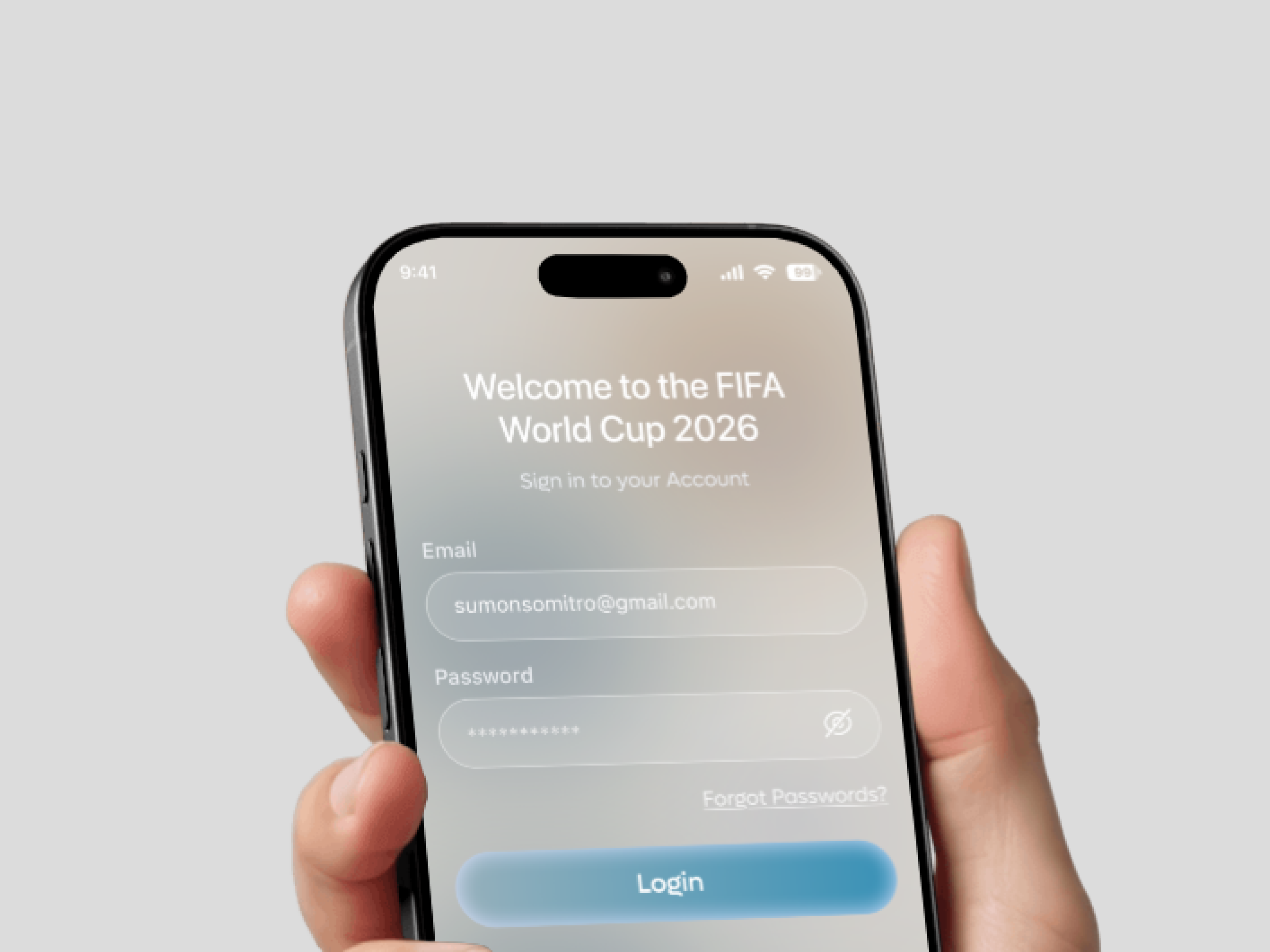 FIFA World Cup 2026 – Login & Sign Up UI app design app ui authentication ui fifa ui football app glassmorphism login ui mobile app mobile ui modern ui onboarding ui product design signup ui sports app sports ui ui design uiux user interface ux design world cup app