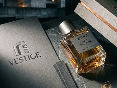 VESTIGE | Niche Brutalist Perfume Branding by Up-Brands™ black debossed paper folio brand identity brushed steel cap bottle brutalist architecture branding concrete concrete arch column logo copper line detail packaging design experience design luxury branding minimalist niche perfume box modern luxury no 1 brutalist fragrance packaging design perfume design retail design scent as structure up brands studio vestige perfume visual identity