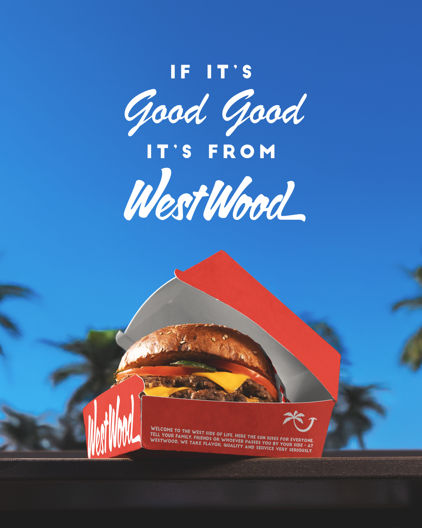 Westwood - Brand voice brand voice branding burger california copy good vibes graphic design happy logo messages packaging palm red riyadh westwood