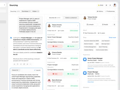 AI Recruitment Sourcing Dashboard: Talent Discovery & Candidate ai hiring platform ai product design app design candidate dashboard dashboard hr hr dashboard management system platform talent acquisition product design recruiting admin dashboard recruitment recruitment saas dashboard saas saas product design talent sourcing uiux web app web design