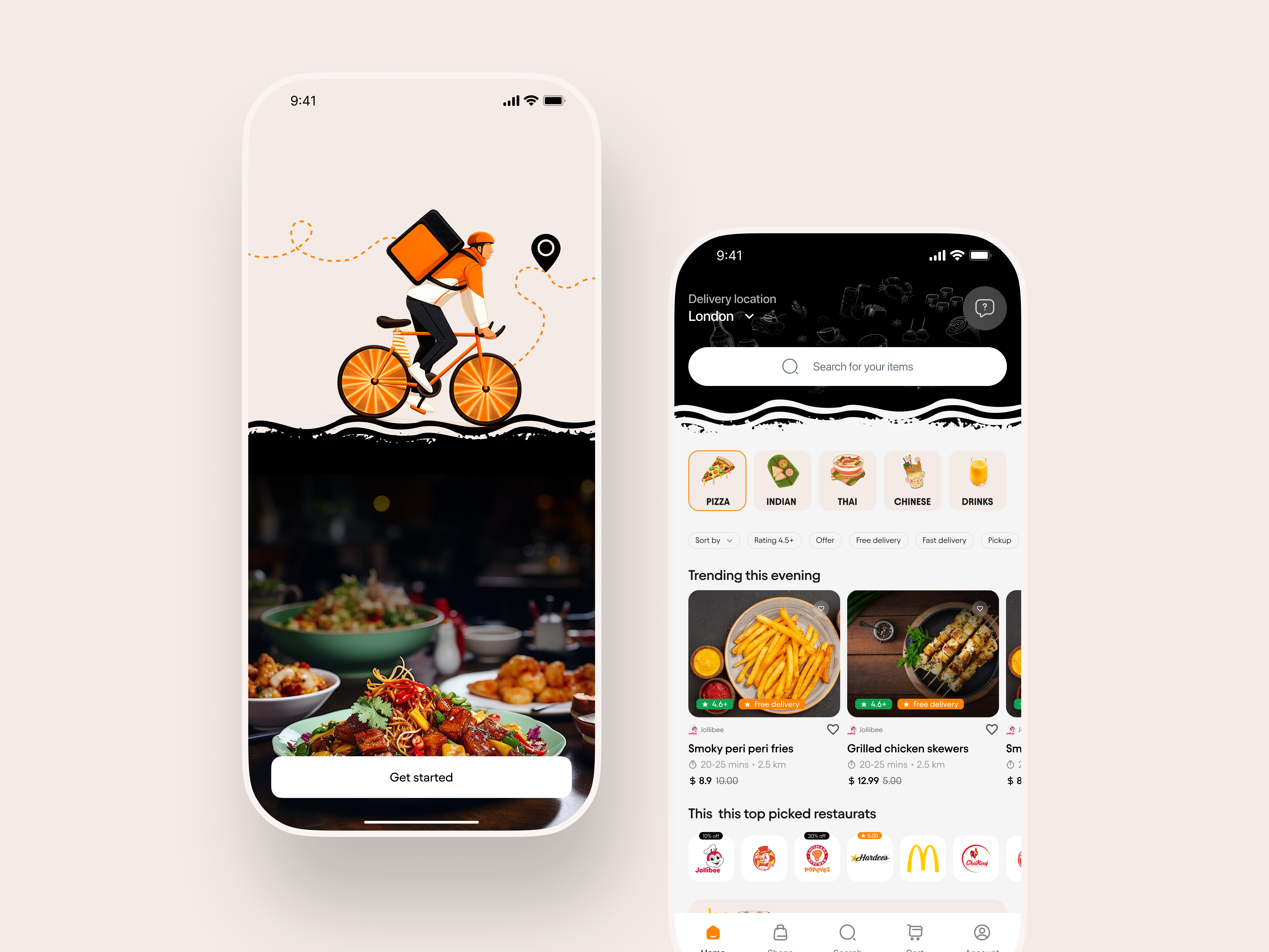 Food Delivery App UI Design — iOS Mobile, Restaurant & Ecommerce app design branding cart ui dark ui delivery app ecommerce ui figma food app food delivery app interaction design ios app design mobile design mobile ui onboarding ui ordering app product design restaurant app startup design ui design ux design