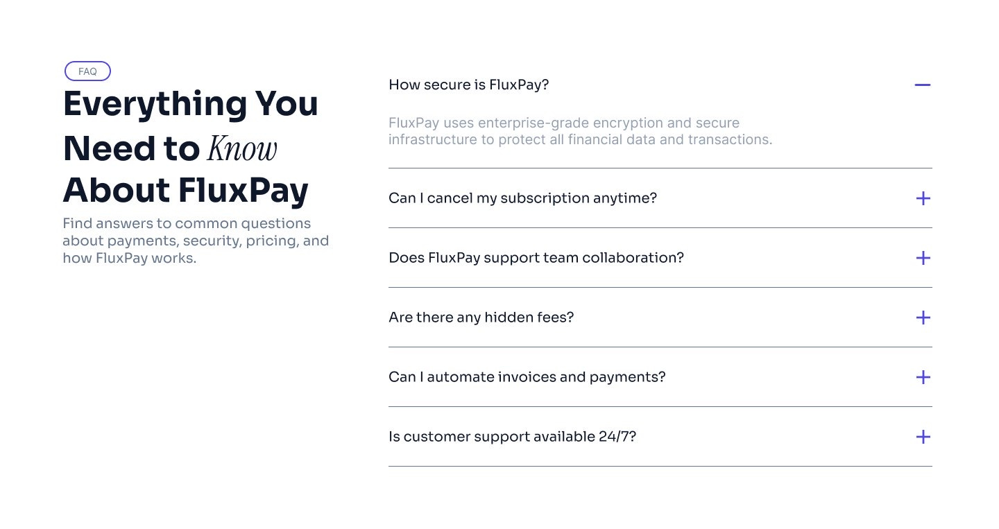 FluxPay-FAQ Section faq finance saas web design website