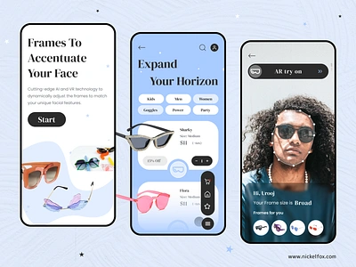 AR/VR Eyewear Ecommerce App 3d app ar augmented reality blue branding cart dashboard ecommerce eyewear filter frames ios list mobile modern sunglasses uiux virtual reality vr