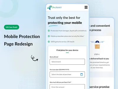 Mobile Protection Webpage Redesign for OneAssist claim process comparison form landing page mobile design new product detail page redesign responsive service details steps testimonials ui ui ux design user interface design ux case study web design webpage