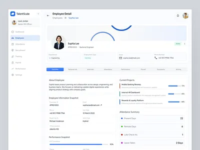 TalentScale — Employee Detail Dashboard UI banking cleandesign design employee employeedetail hr hrmanagement hrofficer humanresources illustration interactiondesign minimalist moderndesign payroll ui uidesign uiux ux uxdesign webdesign