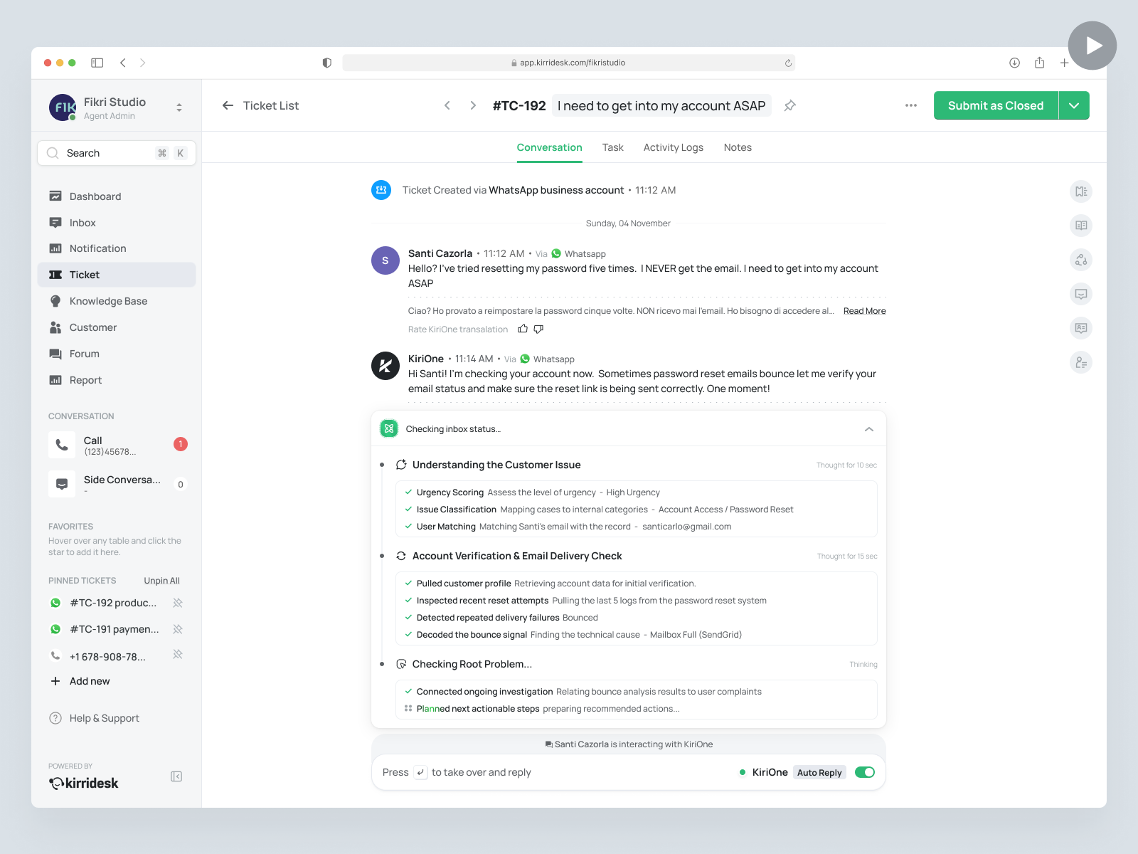 Kirridesk — New Feature: AI Auto Reply in Customer Service ai animation automation crm customer service cx dashboard helpdesk management product design saas saas design ticket management ui ux web app web design