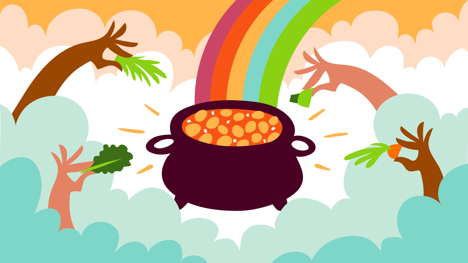 Pot o' beans beans editorial food gold groceries illustration kale leftovers leprechaun lettuce pot rainbow soup stew vector vegetables waste