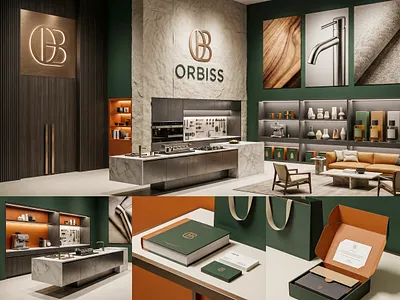 ORBISS Home | Luxury Spatial Living Identity by Up-Brands™ bespoke packaging unboxing brand identity experience design forest green terracotta orange geometric b logo lifestyle luxury branding luxury custom furniture marble kitchen island minimal brass faucet poster modern luxury orbiss home packaging design premium catalog book raw stone accent wall retail design up brands studio visual identity 品牌 时尚