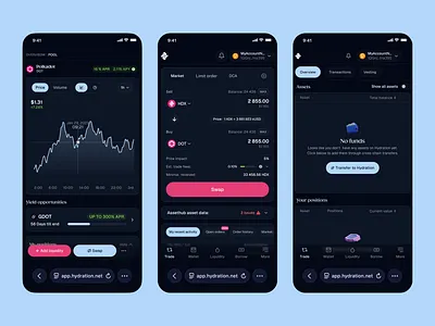 Hydration UI mobile shots ai bitcoin crypto dark mode dashboard decentralized dex exchange fintech interface mobile portfolio responsive ui ux wallet
