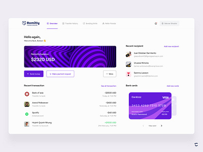 Remitly: dashboard design - concept balance bank card cards ui dashboard ui minimal dashboard money transfer notification overview payment method payment request product design profile recipient refer a friend remitly send money spotify transaction web app web design